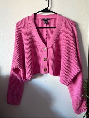 Forever 21 Hot Pink Cropped Ribbed Button Cardigan